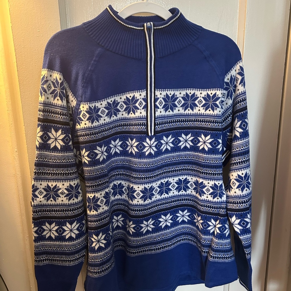 Talbots Royal Blue Women's Zip-Front Crew Sweater with White Trim